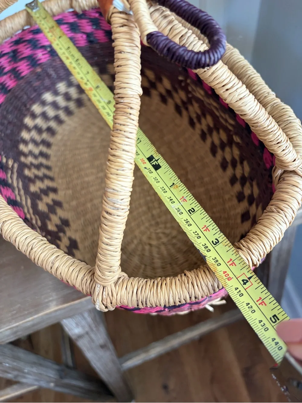 African Handwoven Ghanaian Straw Basket with Leather Handle pink red beige